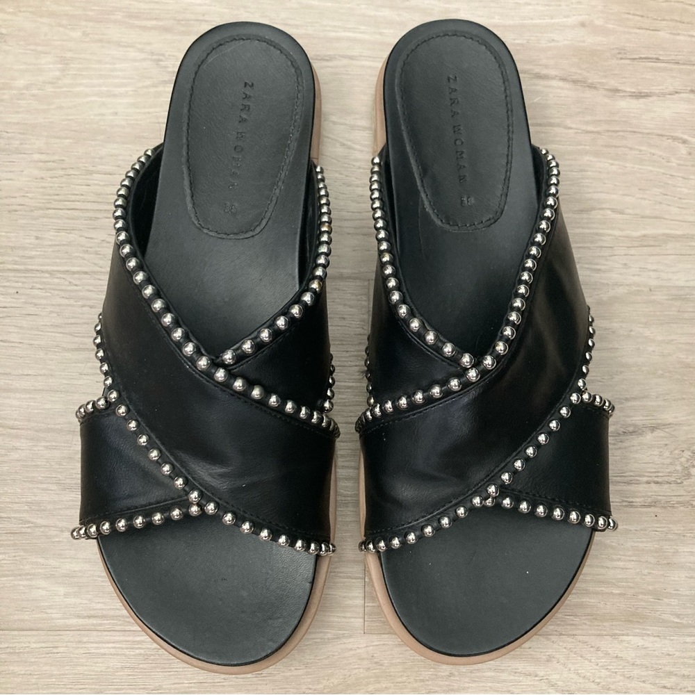 Zara Woman Silver Studded Chunky Criss Cross Espadrille Slide Open Toe Sandals - Picture 2 of 11